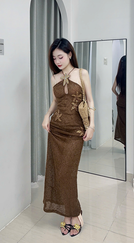 B Đầm nâu cổ yếm – 89/ngày – Xs S = S M