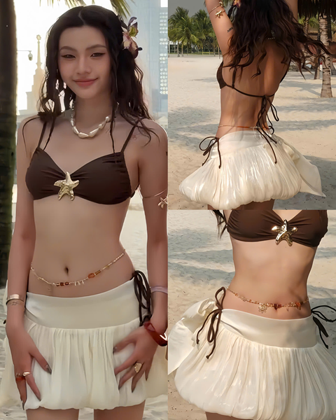1 Bikini nâu phối cv bí ngắn – Bikini nâu 45k/ngày – Váy 45k/ngày – S