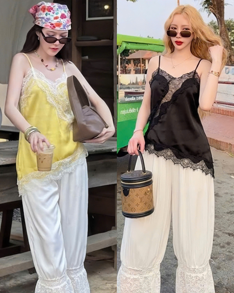 a Set áo quần lụa phối ren – Áo 45k/ngày – Quần 55k/ngày – Freesize